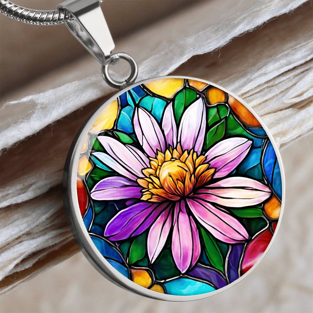 Birth Month Flower Necklace | Aster Birth Flower Necklace | September Birth Flower Necklace | Stained Glass Personalized Pendant Necklace