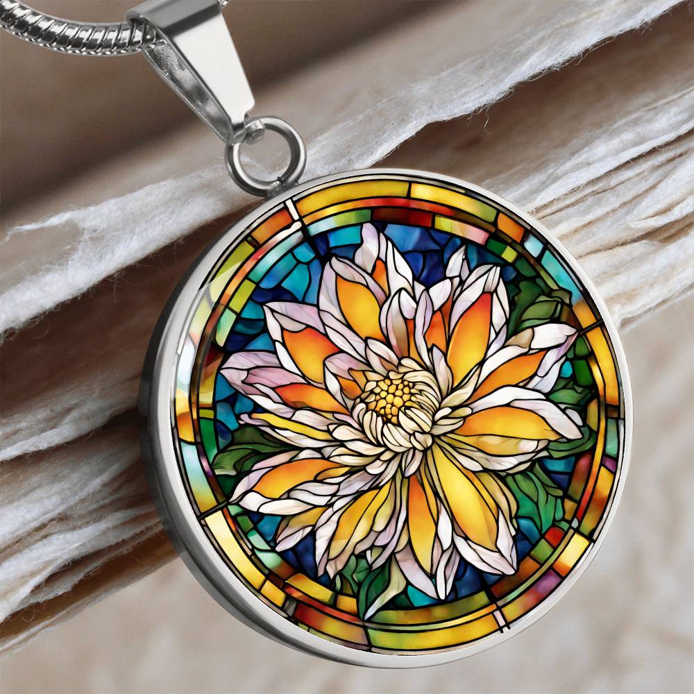 Birth Month Flower Necklace | Chrysanthemum Birth Flower Necklace | November Birth Flower Necklace | Stained Glass Personalized Pendant Necklace