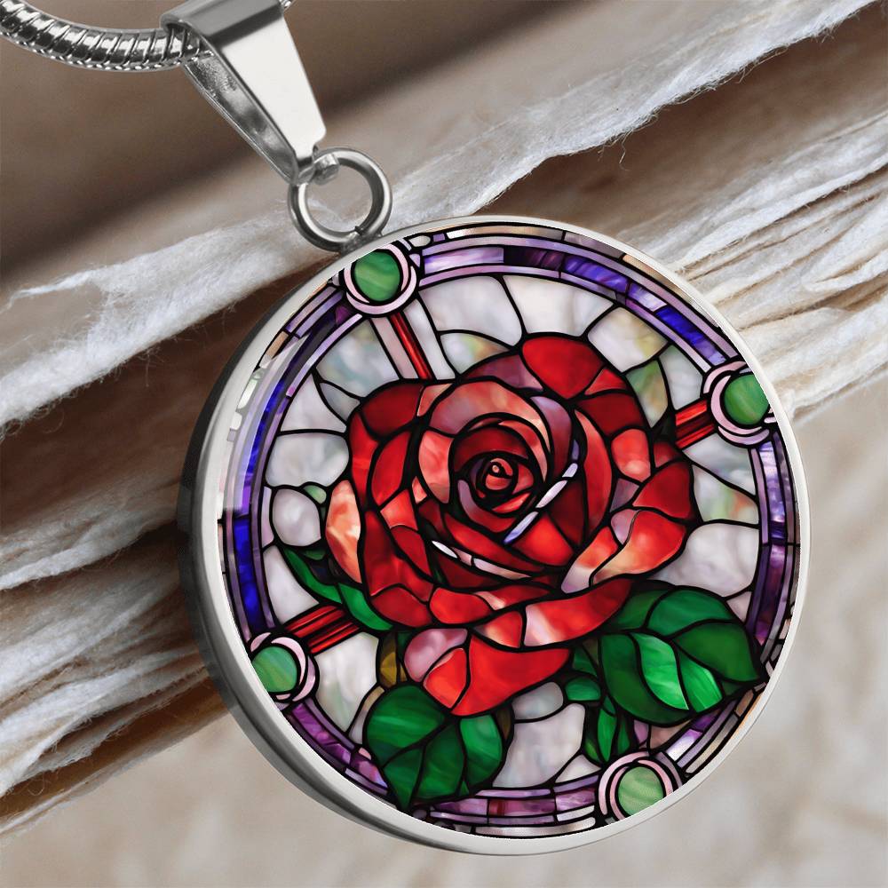 Birth Month Flower Necklace | Rose Birth Flower Necklace | June Birth Flower Necklace | Stained Glass Personalized Pendant Necklace