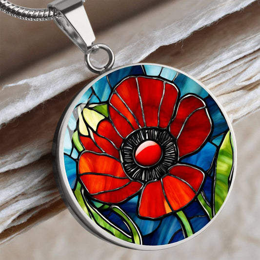 Birth Month Flower Necklace | Poppy Birth Flower Necklace | August Birth Flower Necklace | Stained Glass Personalized Pendant Necklace