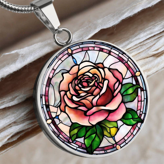 Birth Month Flower Necklace | Rose Birth Flower Necklace | June Birth Flower Necklace | Stained Glass Personalized Pendant Necklace