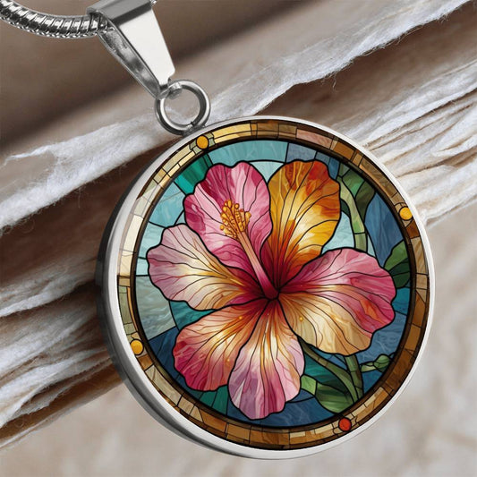 Hibiscus Flower Pendant Necklace with Faux Stained Glass  | Hawaiian Summer Flower | Boho Summer Jewelry