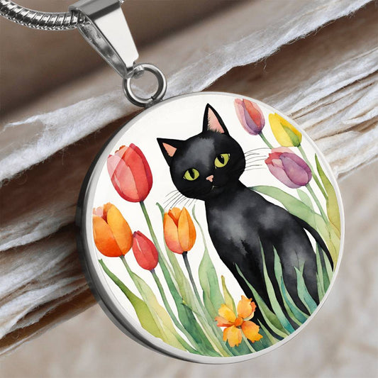 Vintage Black Cat Necklace | Cat Lover Gift | Quirky Cat Jewelry | Cat with Flowers Jewelry | Watercolor Look Necklace