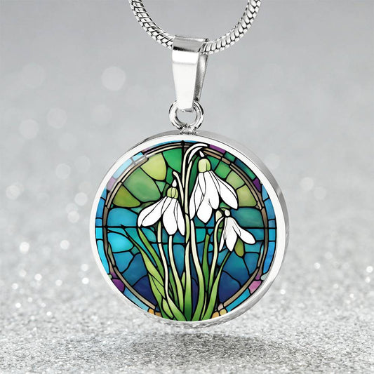 Birth Month Flower Necklace | Snowdrop Birth Flower Necklace | January Birth Flower Necklace | Stained Glass Personalized Pendant Necklace