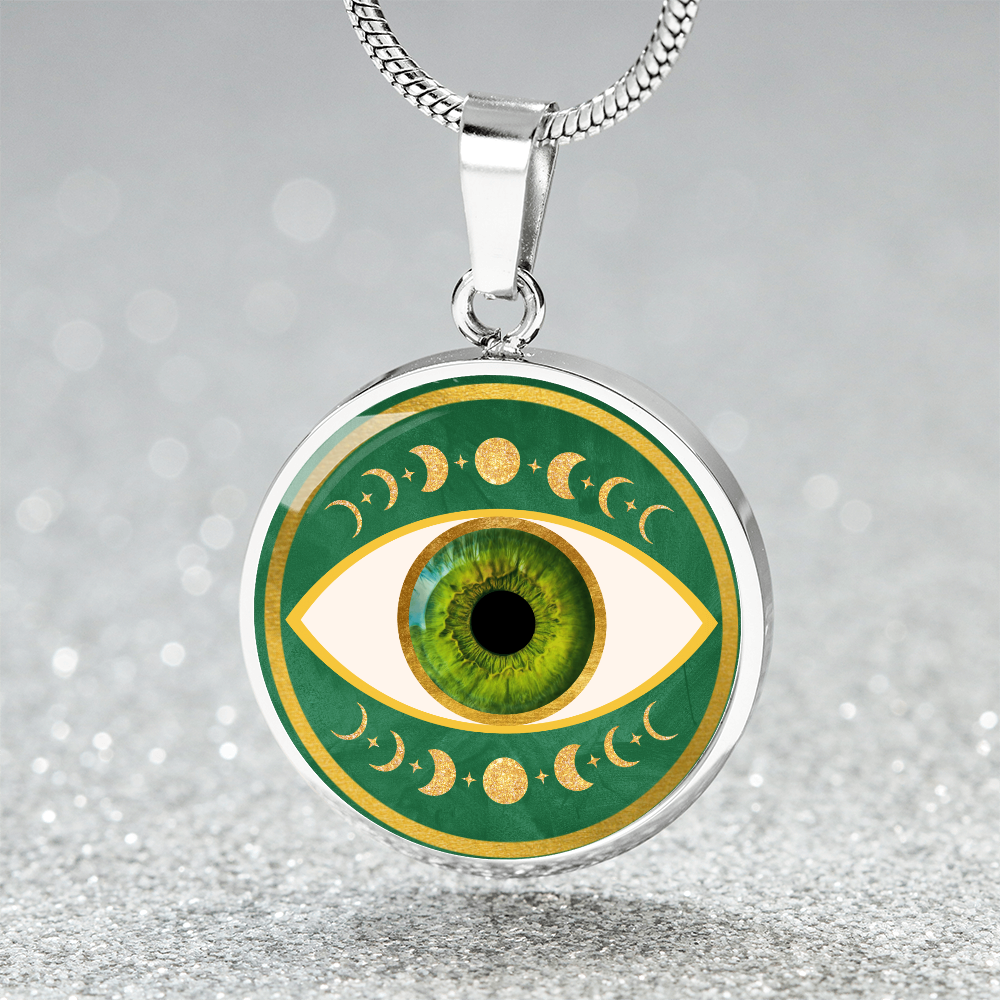 Evil Eye & Triple Moon Pendant Green