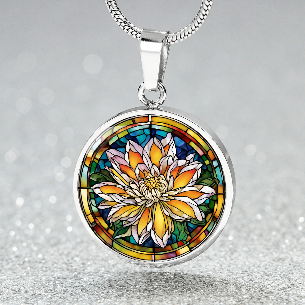 Birth Month Flower Necklace | Chrysanthemum Birth Flower Necklace | November Birth Flower Necklace | Stained Glass Personalized Pendant Necklace