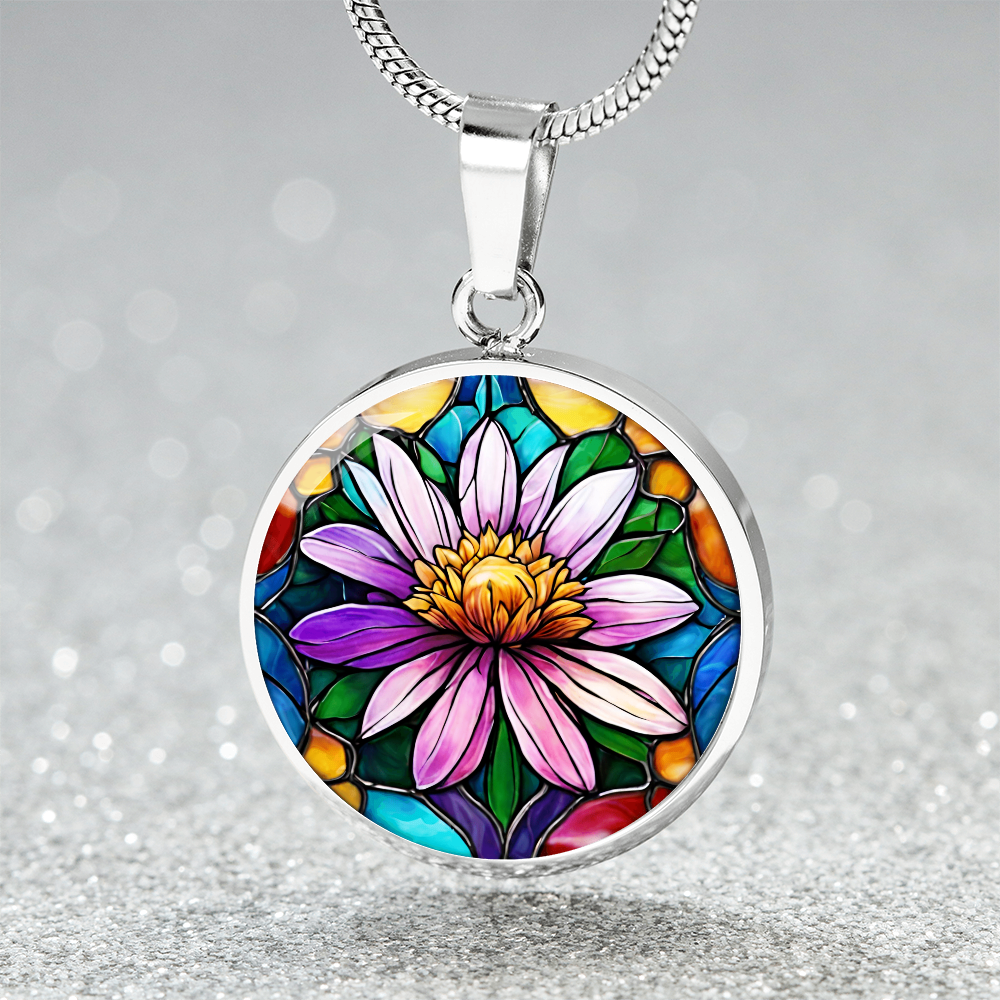 Birth Month Flower Necklace | Aster Birth Flower Necklace | September Birth Flower Necklace | Stained Glass Personalized Pendant Necklace