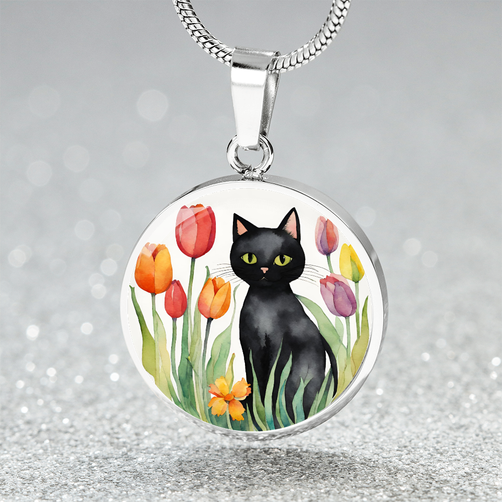 Vintage Black Cat Necklace | Cat Lover Gift | Quirky Cat Jewelry | Cat with Flowers Jewelry | Watercolor Look Necklace