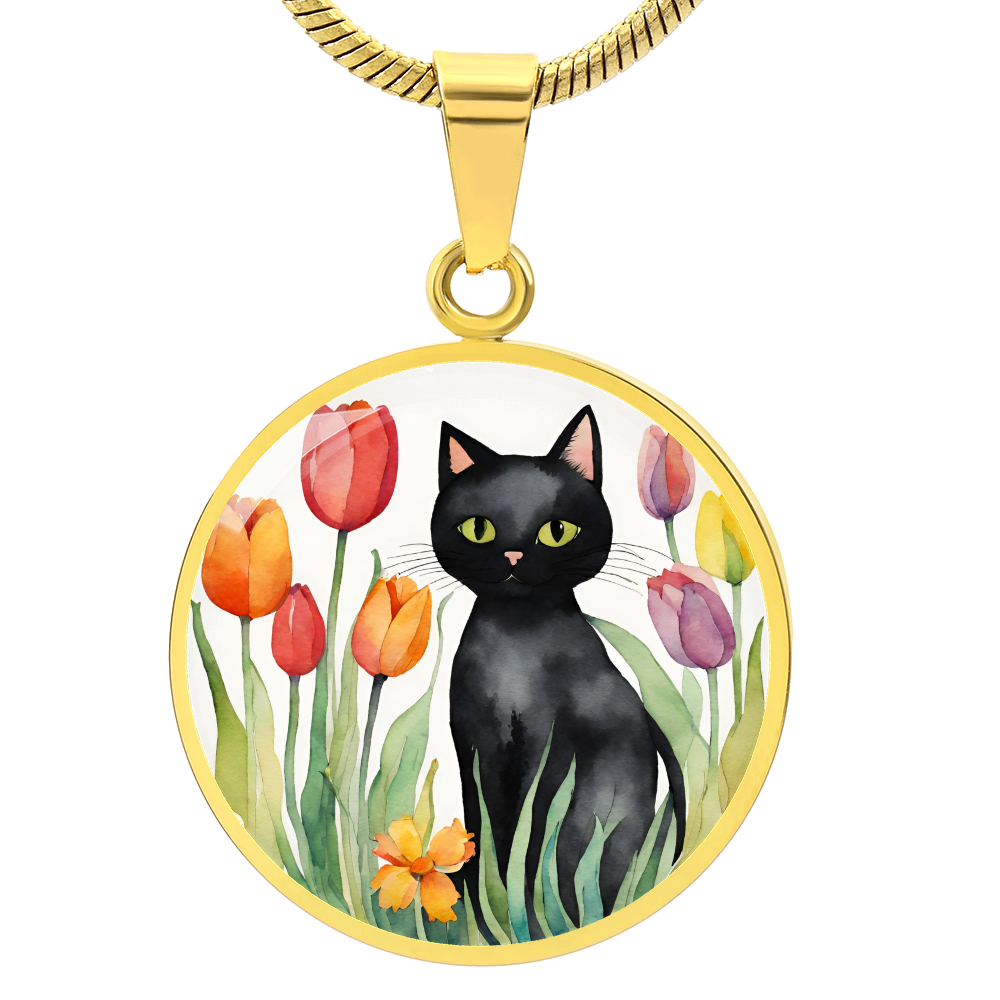 Vintage Black Cat Necklace | Cat Lover Gift | Quirky Cat Jewelry | Cat with Flowers Jewelry | Watercolor Look Necklace