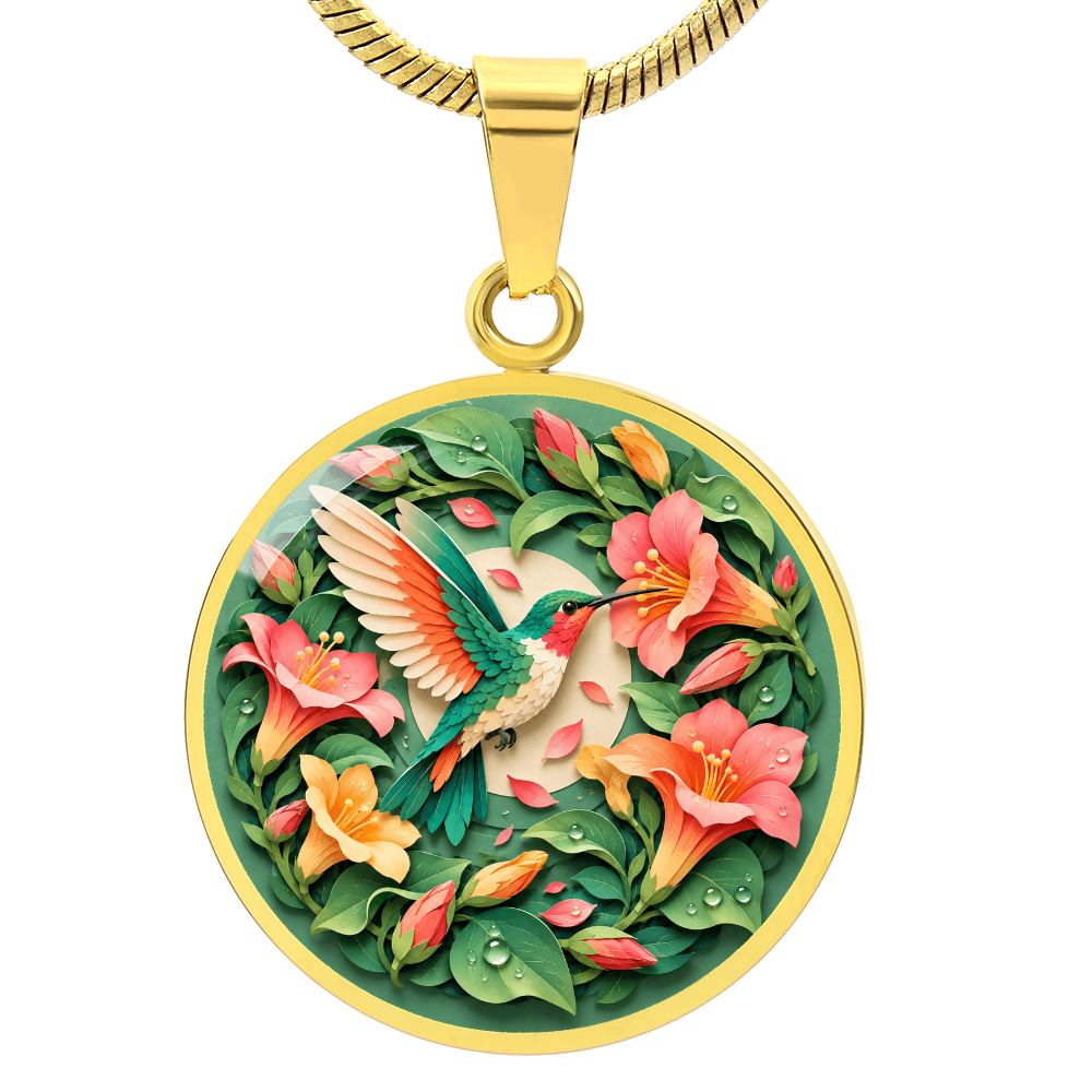 3D Paper Effect Hummingbird Necklace, Trumpet Flower Pendant, Nature Lover Jewelry, Bird Gift for Her
