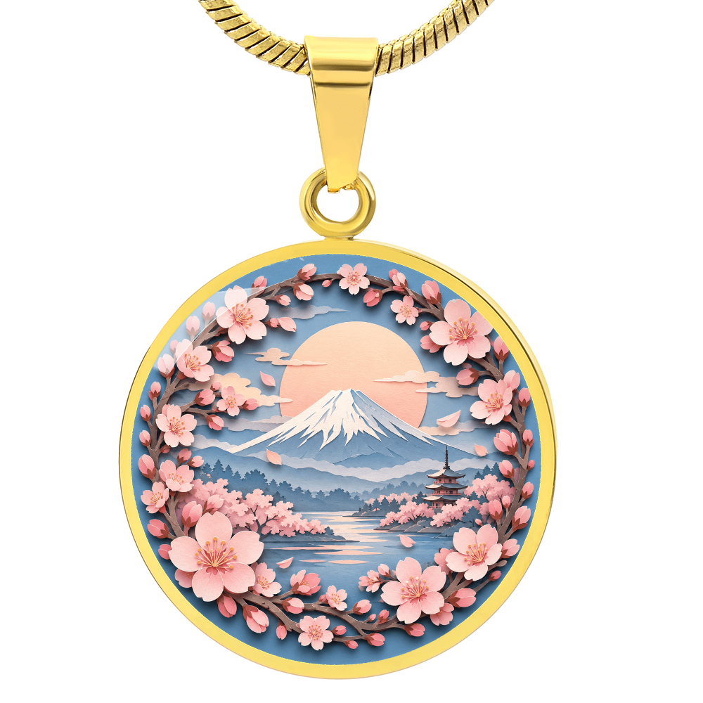3D Paper Effect Mount Fuji Necklace, Cherry Blossom Sunrise Pendant, Japan Landscape Jewelry, Sakura Gift for Her