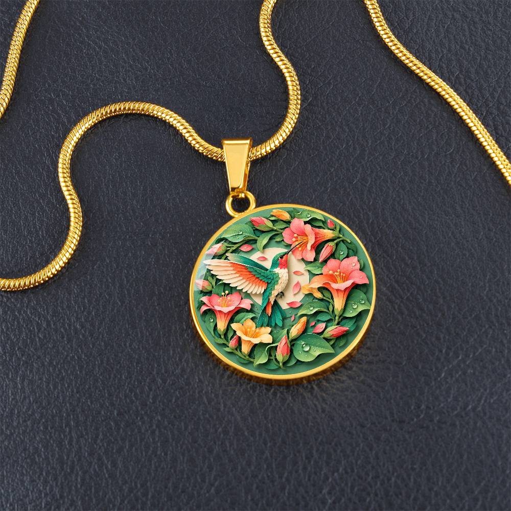 3D Paper Effect Hummingbird Necklace, Trumpet Flower Pendant, Nature Lover Jewelry, Bird Gift for Her
