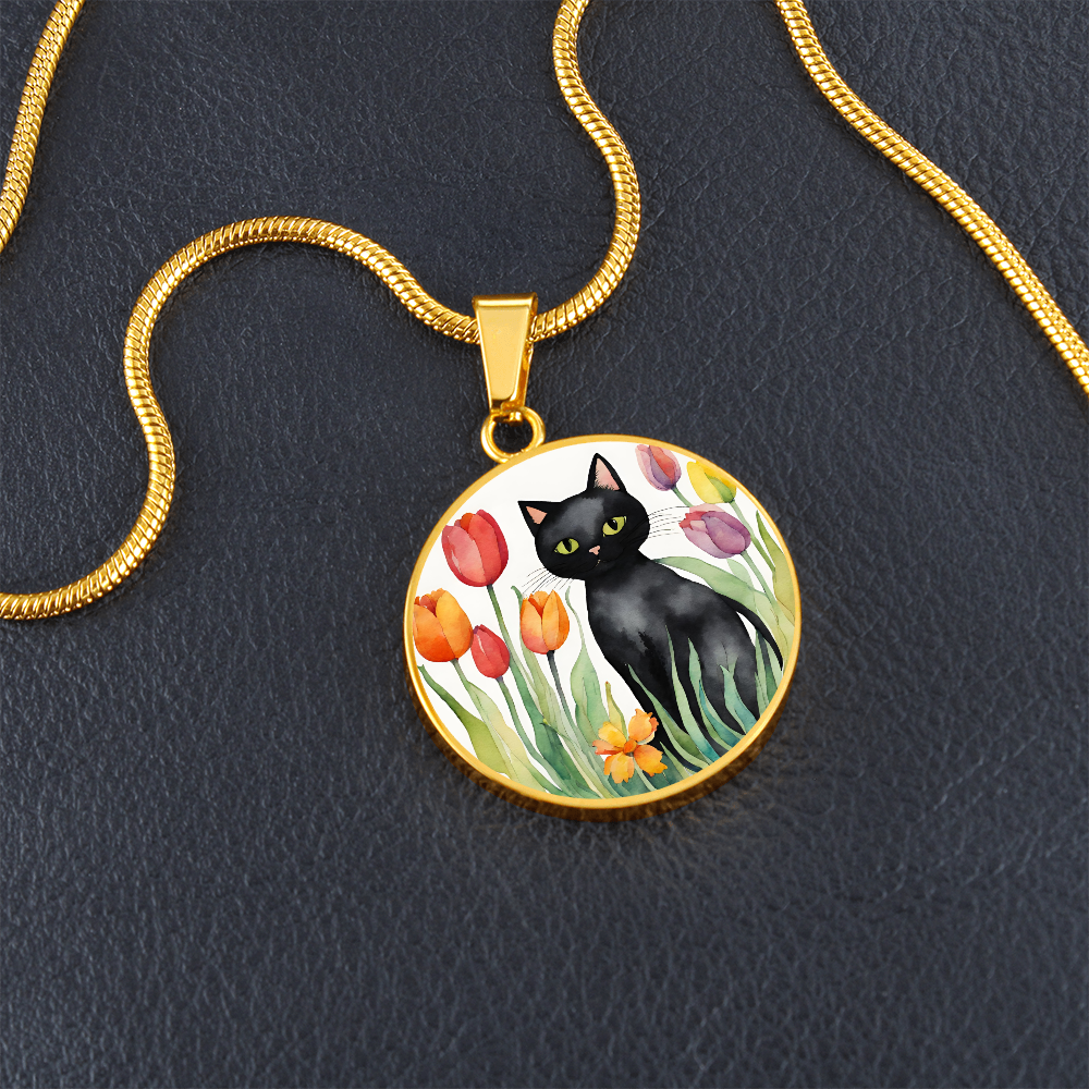 Vintage Black Cat Necklace | Cat Lover Gift | Quirky Cat Jewelry | Cat with Flowers Jewelry | Watercolor Look Necklace