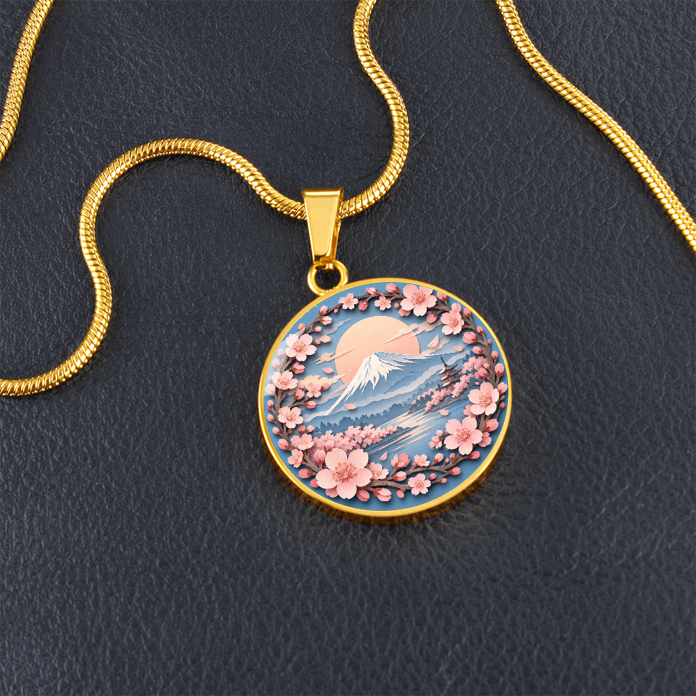 3D Paper Effect Mount Fuji Necklace, Cherry Blossom Sunrise Pendant, Japan Landscape Jewelry, Sakura Gift for Her
