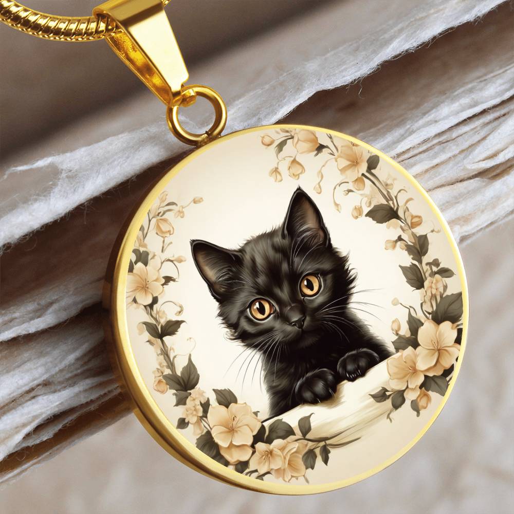 Vintage Illustration Style Black Kitten pendant, cute kitten gift, cat lover pendant or keychain