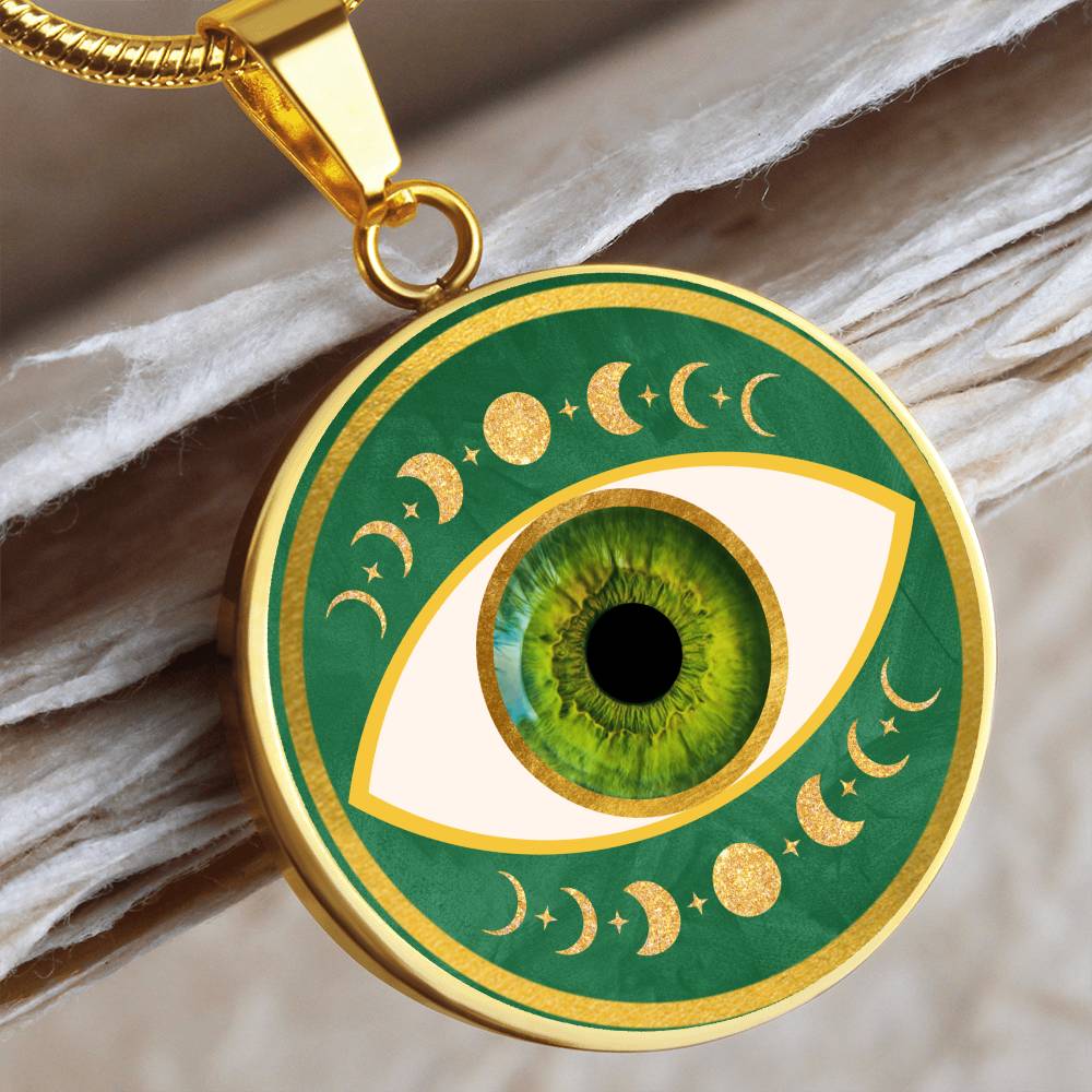 Evil Eye & Triple Moon Pendant Green