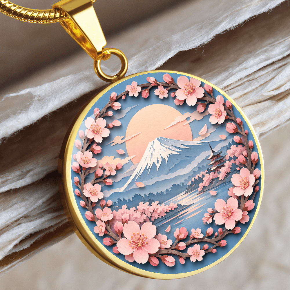 3D Paper Effect Mount Fuji Necklace, Cherry Blossom Sunrise Pendant, Japan Landscape Jewelry, Sakura Gift for Her