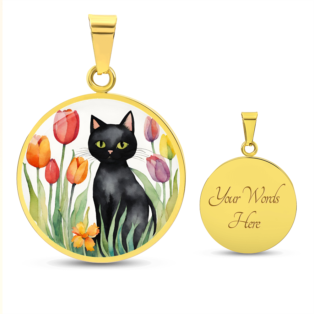 Vintage Black Cat Necklace | Cat Lover Gift | Quirky Cat Jewelry | Cat with Flowers Jewelry | Watercolor Look Necklace