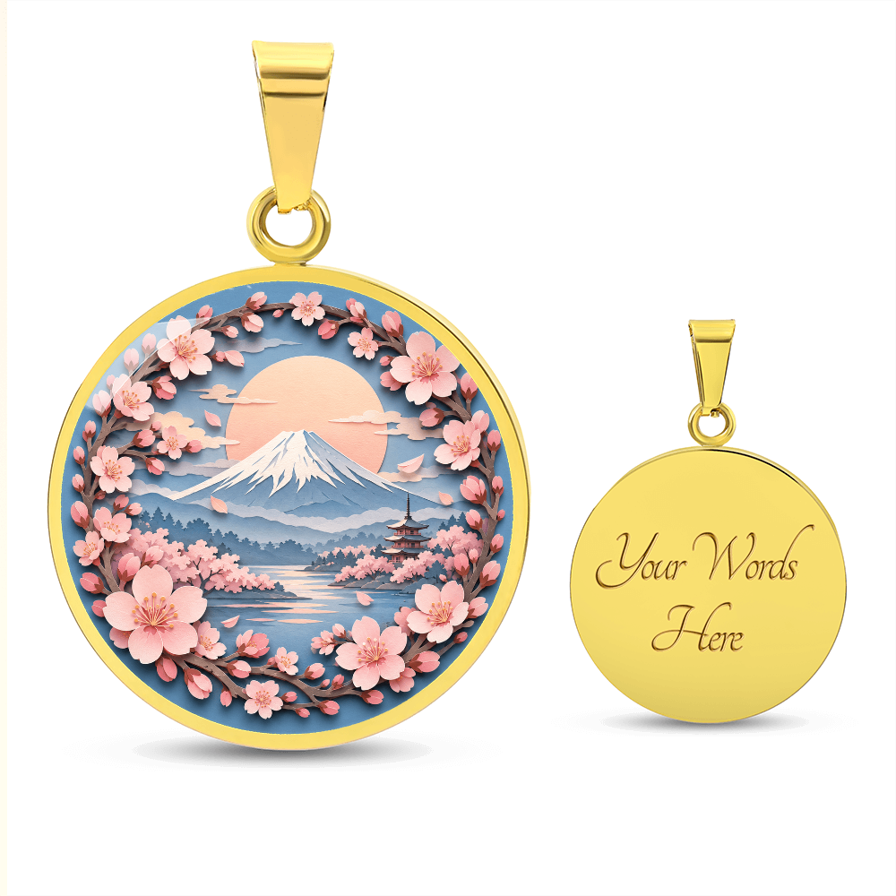 3D Paper Effect Mount Fuji Necklace, Cherry Blossom Sunrise Pendant, Japan Landscape Jewelry, Sakura Gift for Her