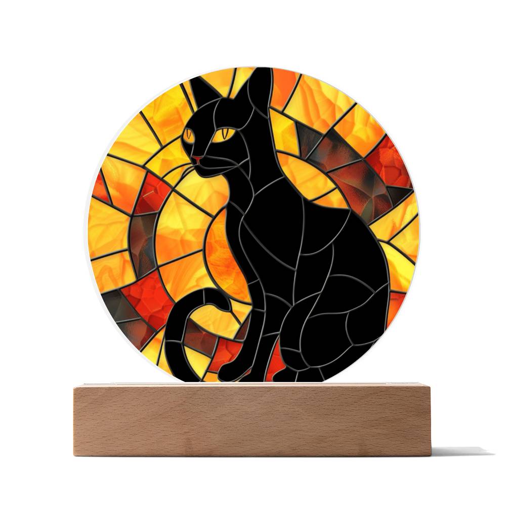 Black Cat Stained Glass Look Acrylic Plaque Suncatcher | Fall Decor LED Moodlight | Decorative Contemporary Cat Sign | Cat Lover Gift