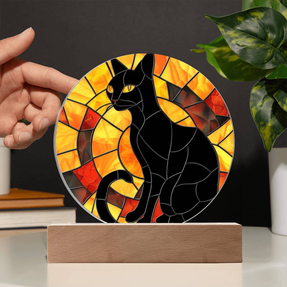 Black Cat Stained Glass Look Acrylic Plaque Suncatcher | Fall Decor LED Moodlight | Decorative Contemporary Cat Sign | Cat Lover Gift