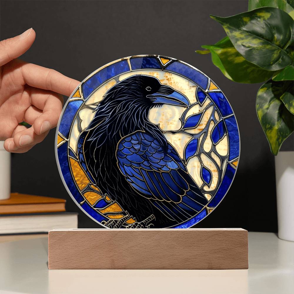 Faux Stained Glass Raven Crow Acrylic Plaque Suncatcher | Edgar Allan Poe Decor | Halloween Gothic Home Decor Gift | Spirit Animal