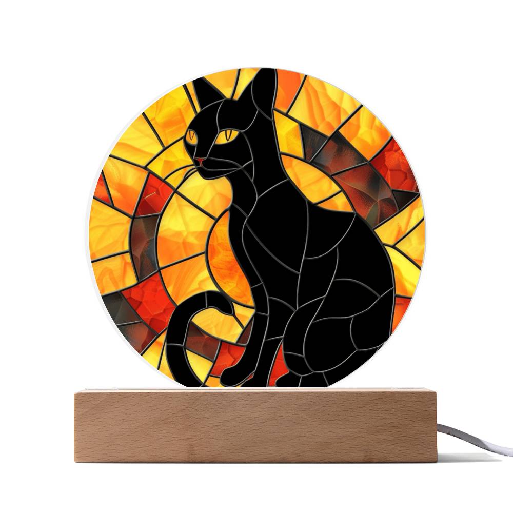 Black Cat Stained Glass Look Acrylic Plaque Suncatcher | Fall Decor LED Moodlight | Decorative Contemporary Cat Sign | Cat Lover Gift