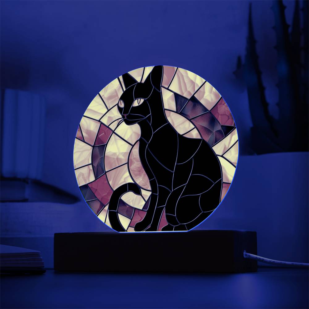 Black Cat Stained Glass Look Acrylic Plaque Suncatcher | Fall Decor LED Moodlight | Decorative Contemporary Cat Sign | Cat Lover Gift