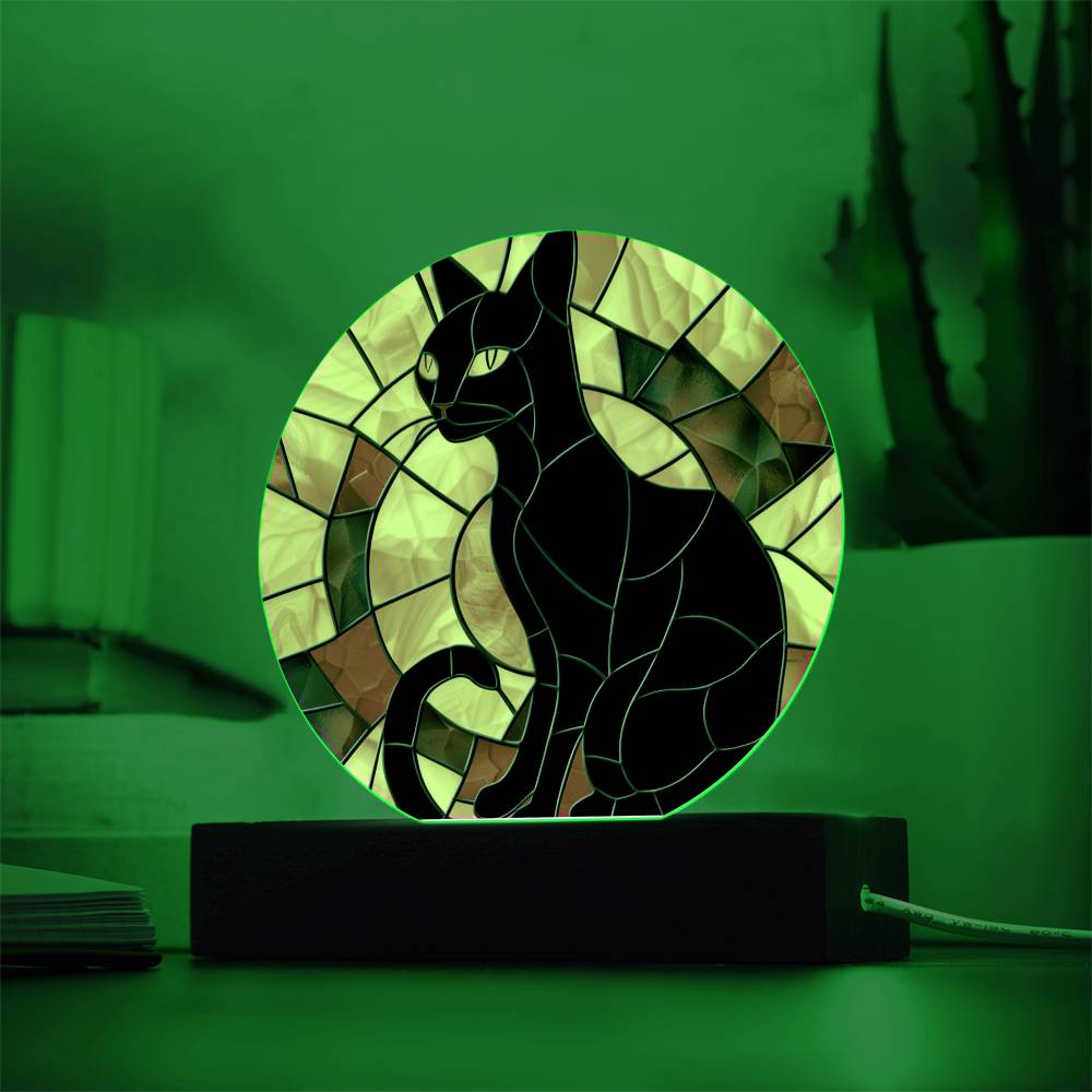 Black Cat Stained Glass Look Acrylic Plaque Suncatcher | Fall Decor LED Moodlight | Decorative Contemporary Cat Sign | Cat Lover Gift