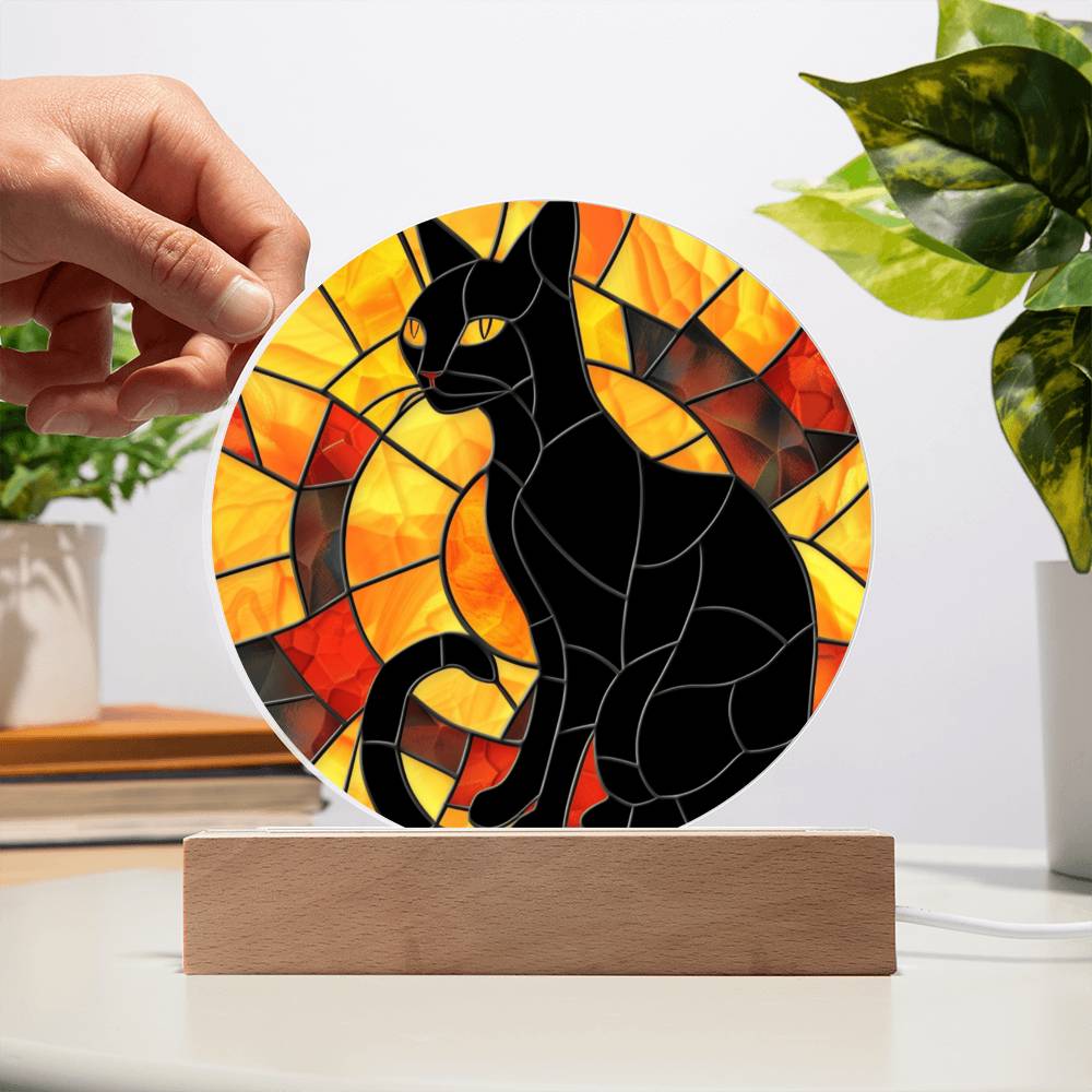 Black Cat Stained Glass Look Acrylic Plaque Suncatcher | Fall Decor LED Moodlight | Decorative Contemporary Cat Sign | Cat Lover Gift