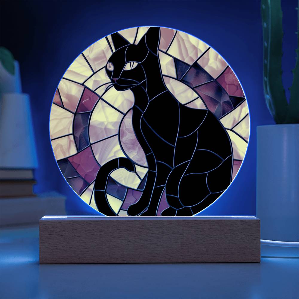 Black Cat Stained Glass Look Acrylic Plaque Suncatcher | Fall Decor LED Moodlight | Decorative Contemporary Cat Sign | Cat Lover Gift