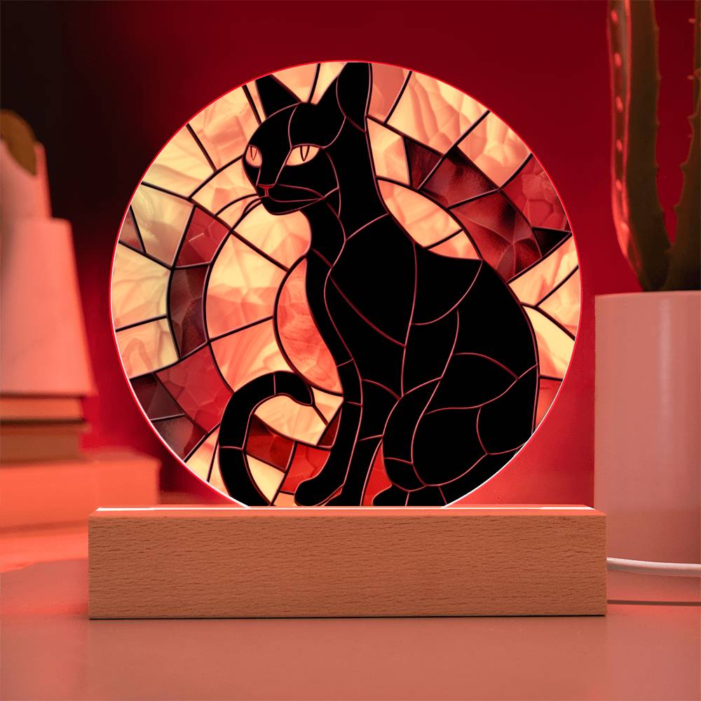 Black Cat Stained Glass Look Acrylic Plaque Suncatcher | Fall Decor LED Moodlight | Decorative Contemporary Cat Sign | Cat Lover Gift