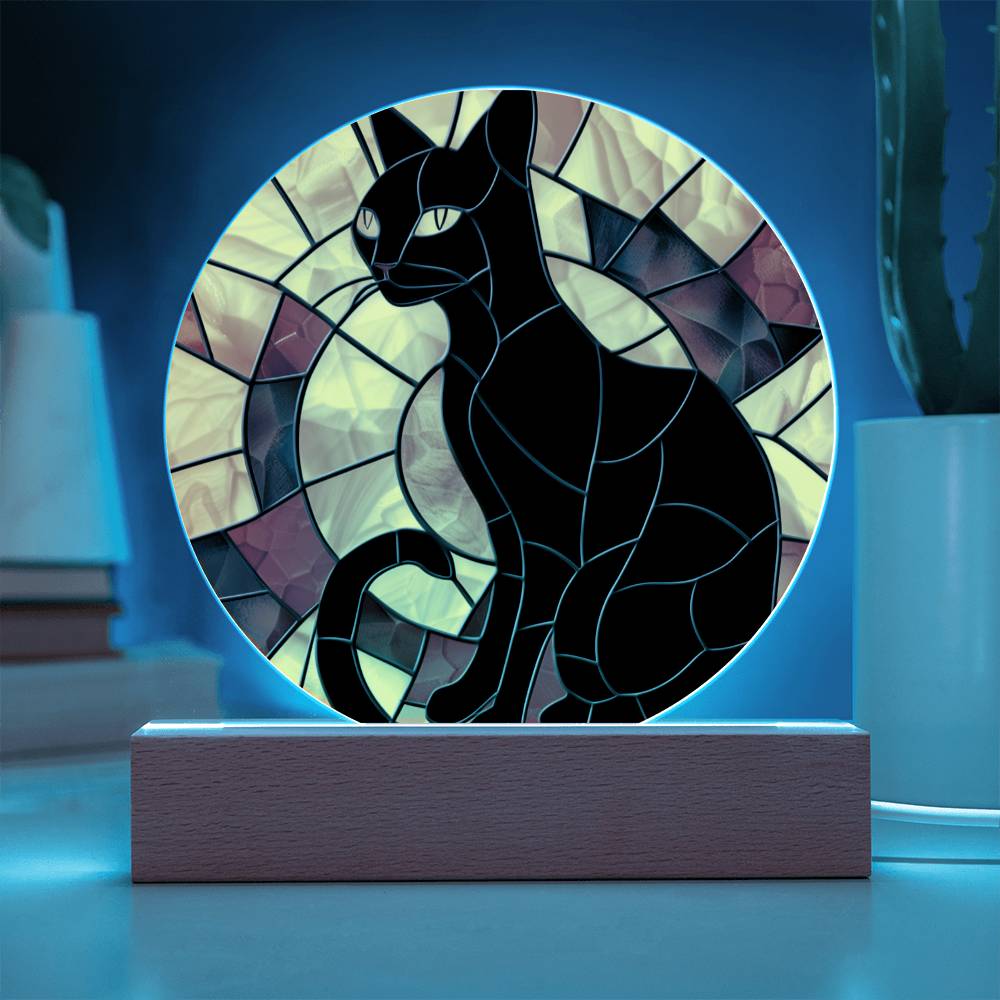 Black Cat Stained Glass Look Acrylic Plaque Suncatcher | Fall Decor LED Moodlight | Decorative Contemporary Cat Sign | Cat Lover Gift